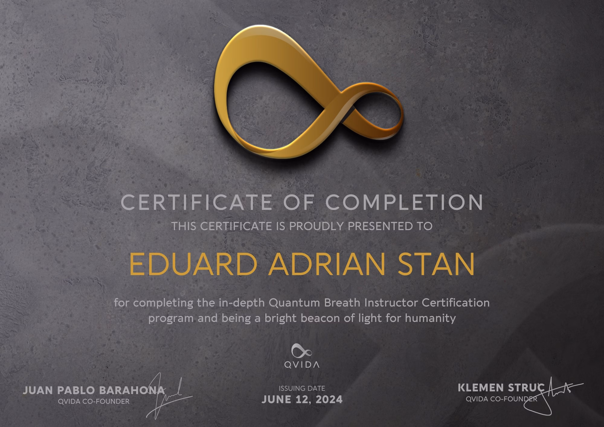 Certificat 1st Quantum Breath Instructor in the World 2024