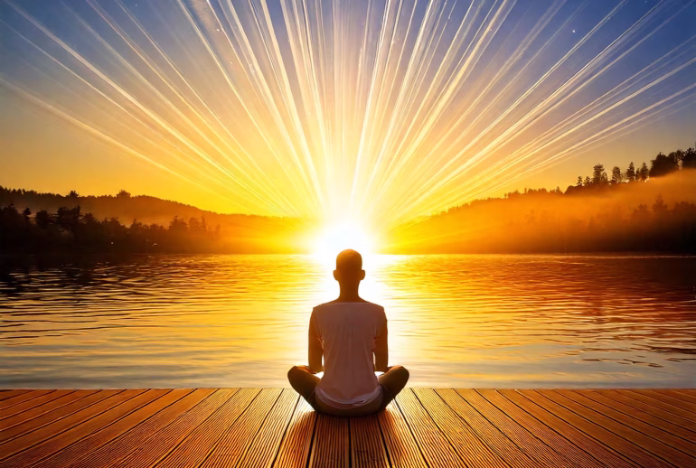 Firefly A serene sunrise over a calm lake, symbolizing transformation and new beginnings. In the for